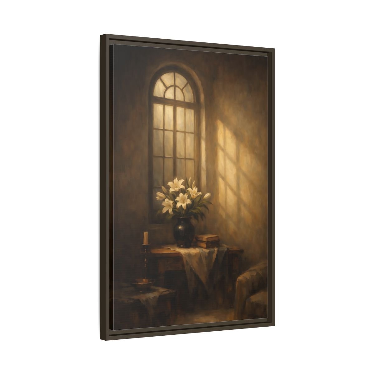Floral White Lilies Brown - Framed Canvas Wall Art Print - YesArtYes