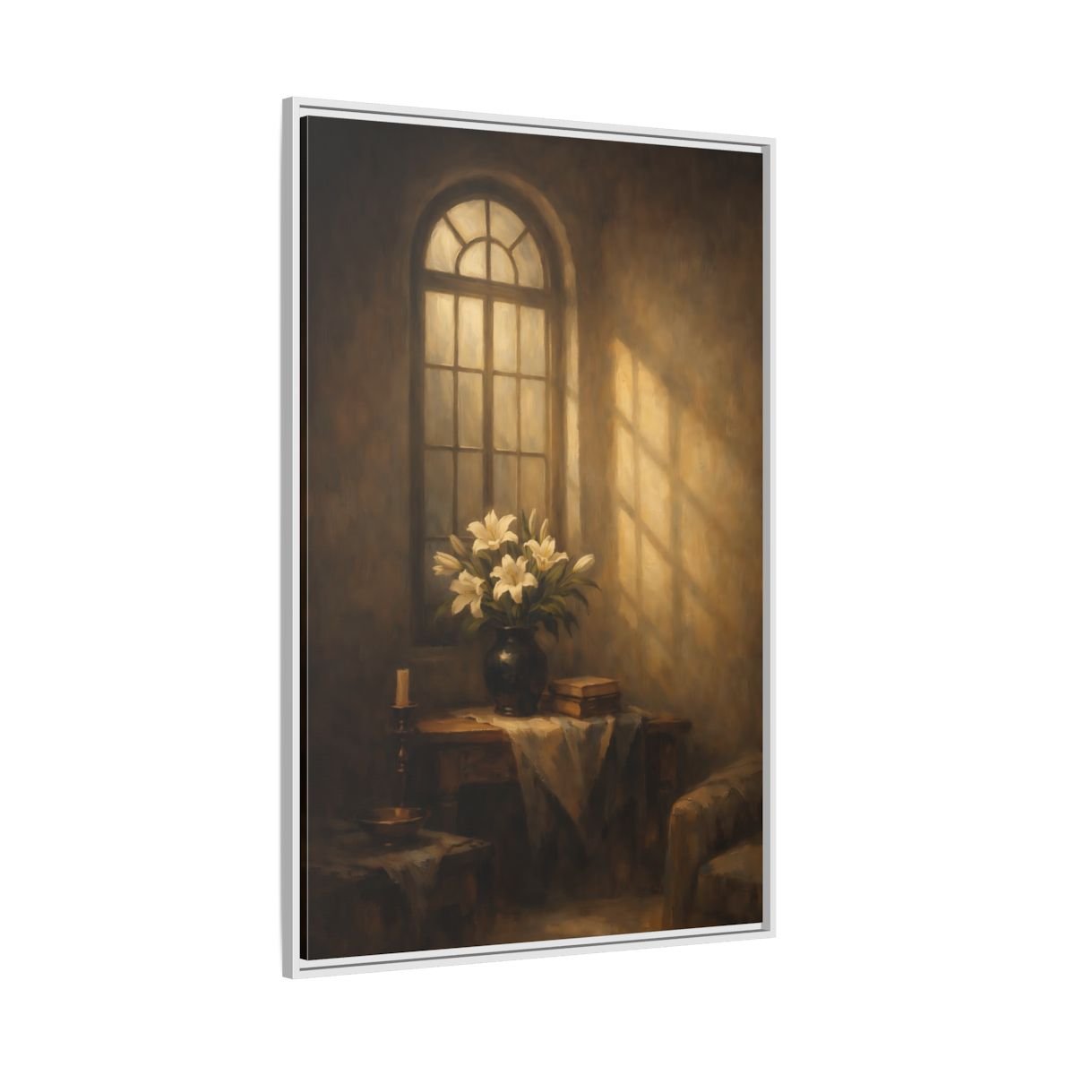 Floral White Lilies Brown - Framed Canvas Wall Art Print - YesArtYes