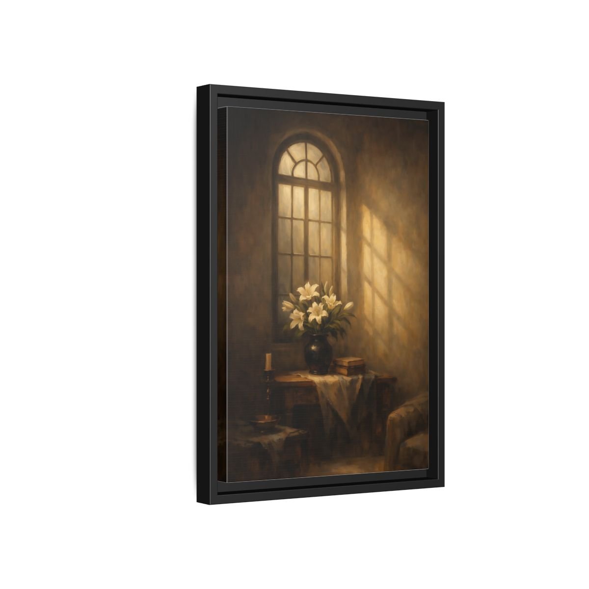 Floral White Lilies Brown - Framed Canvas Wall Art Print - YesArtYes
