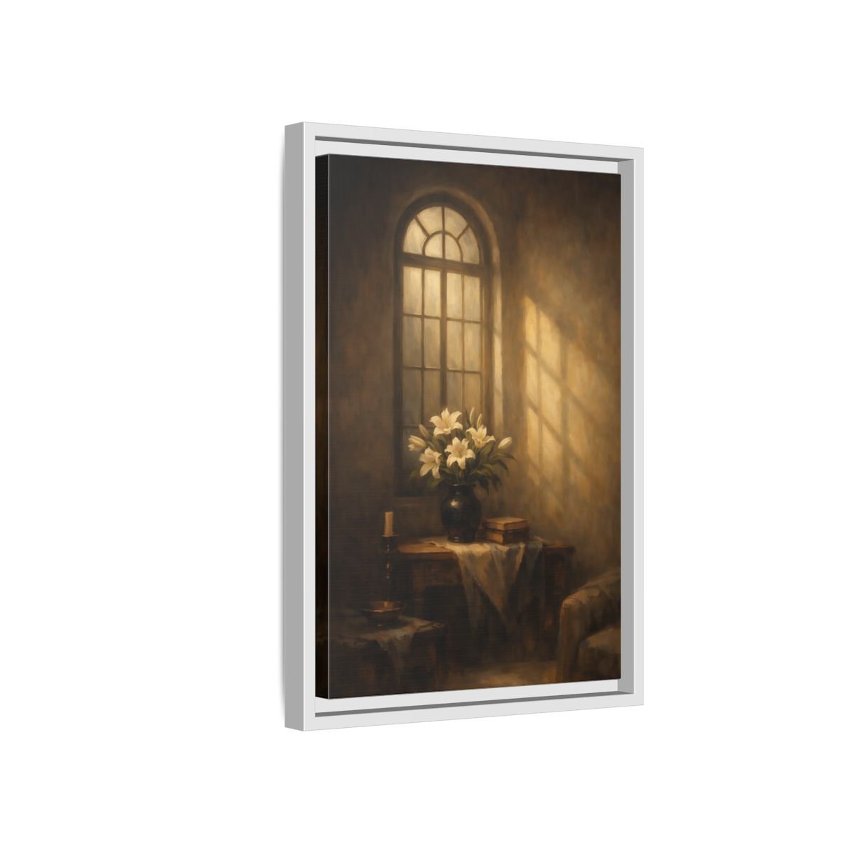 Floral White Lilies Brown - Framed Canvas Wall Art Print - YesArtYes