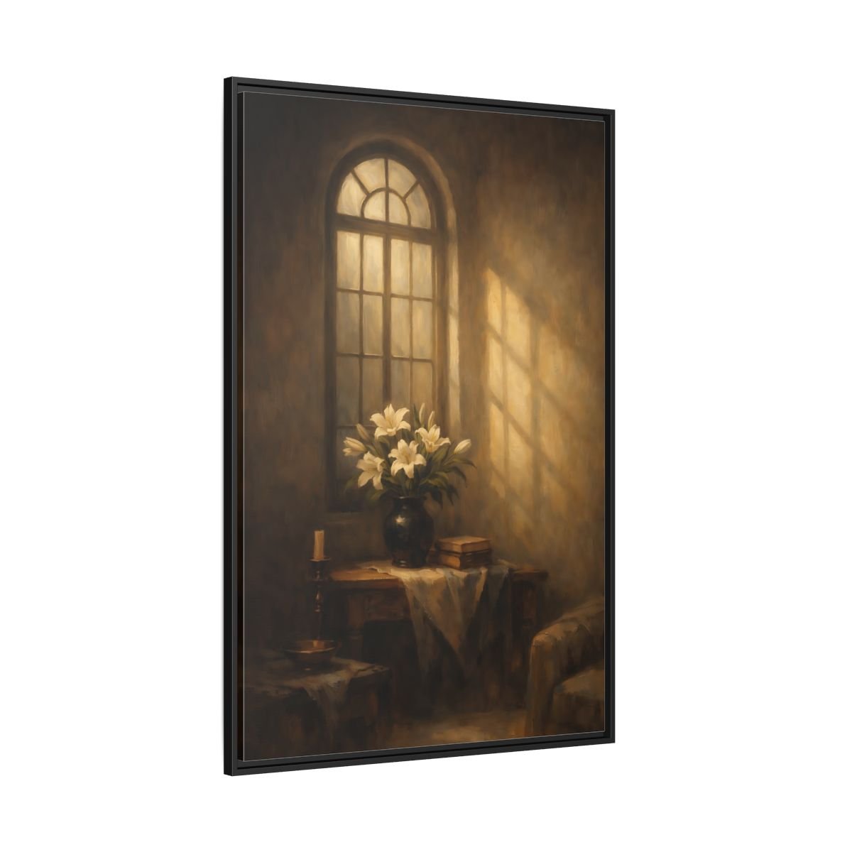 Floral White Lilies Brown - Framed Canvas Wall Art Print - YesArtYes