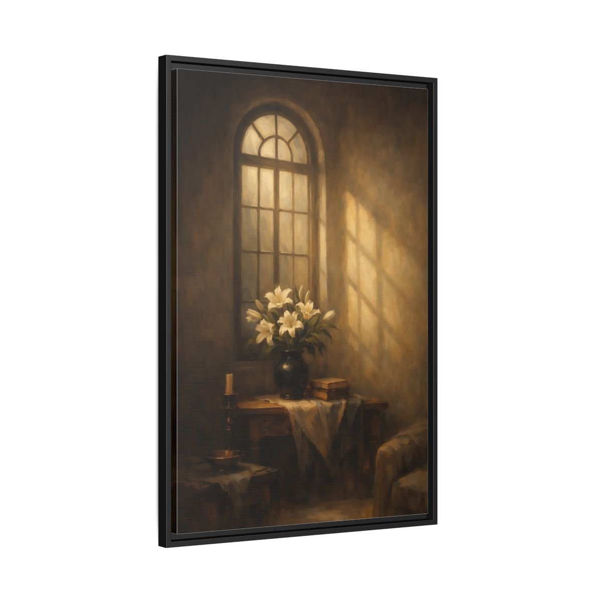 Floral White Lilies Brown - Framed Canvas Wall Art Print - YesArtYes