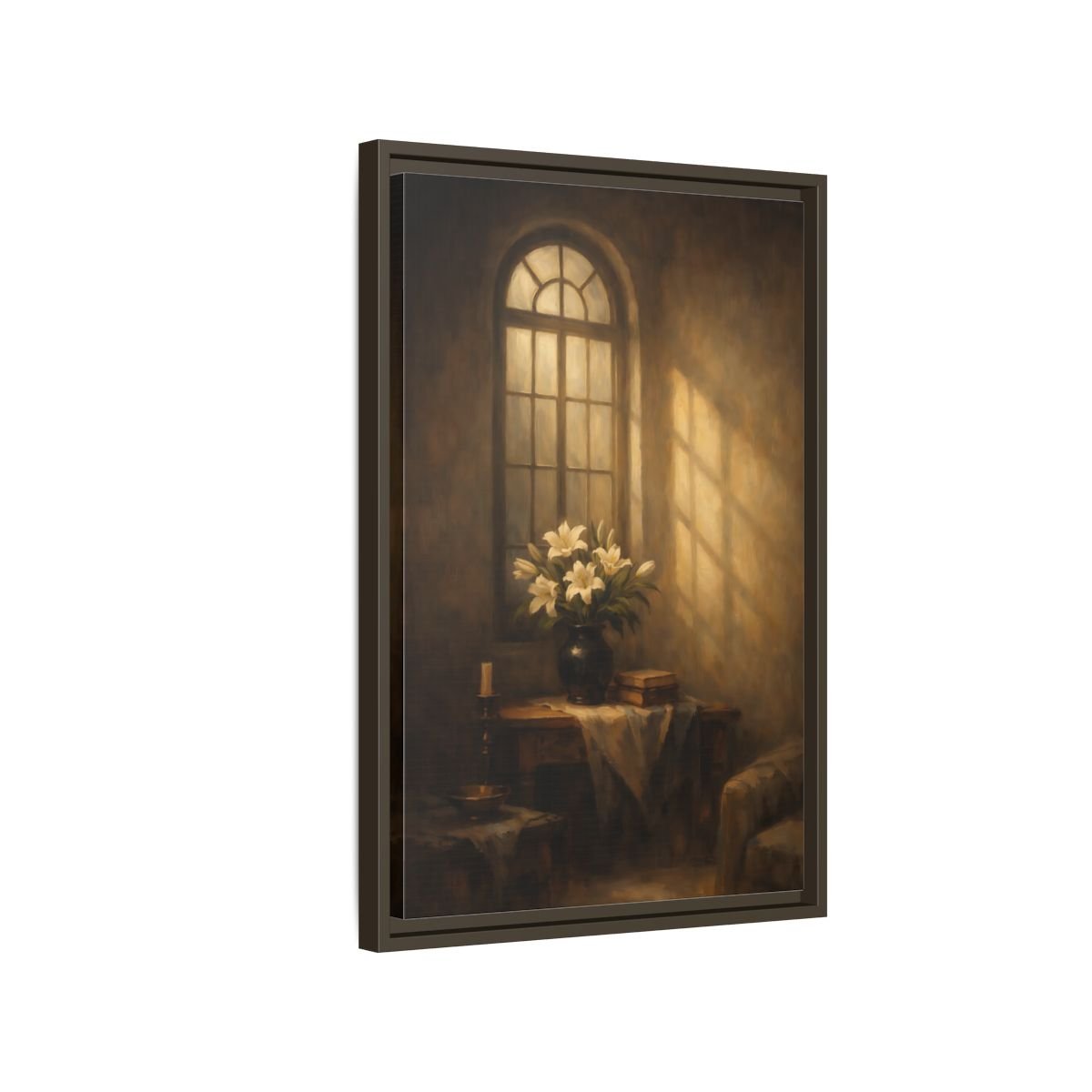 Floral White Lilies Brown - Framed Canvas Wall Art Print - YesArtYes