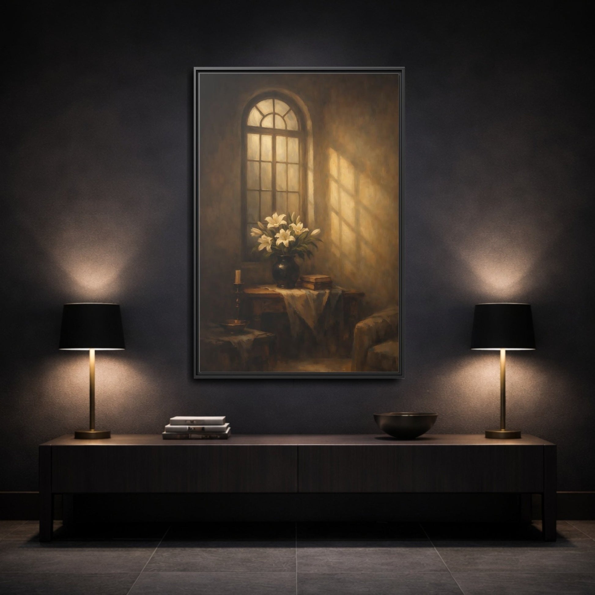 Floral White Lilies Brown - Framed Canvas Wall Art Print - YesArtYes