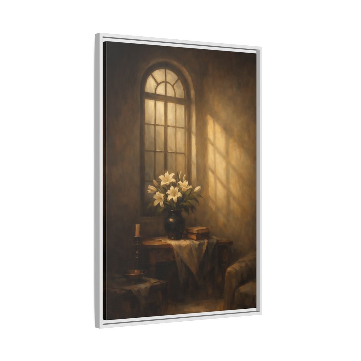 Floral White Lilies Brown - Framed Canvas Wall Art Print - YesArtYes