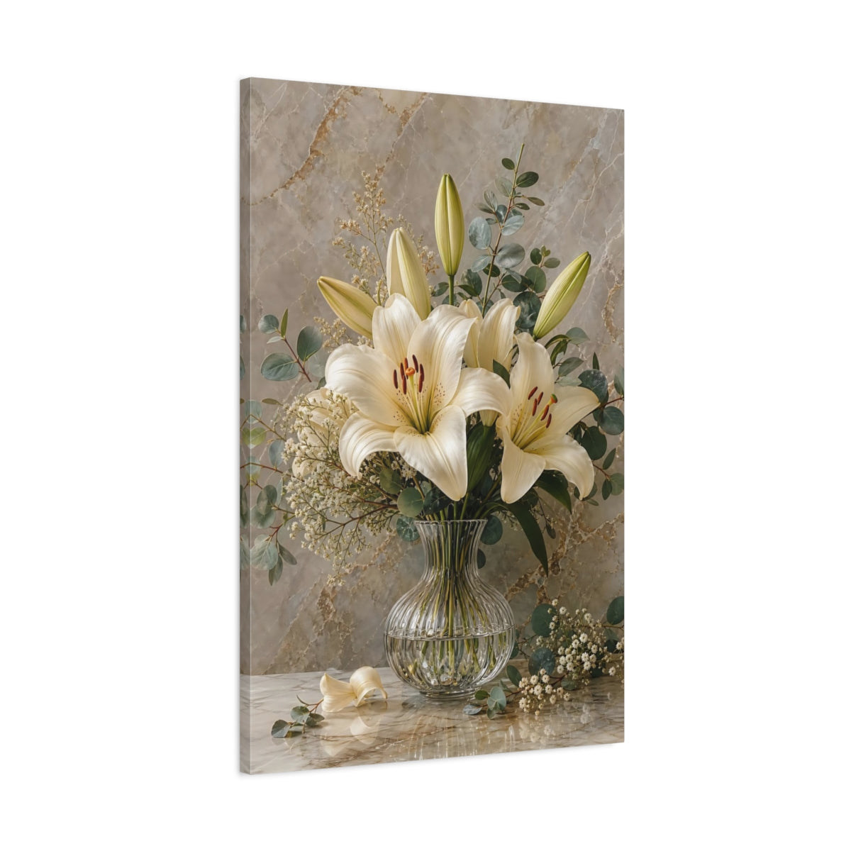 Main Mockup. Floral White Lilies White Lilies Beige shown as stretched canvas wall art