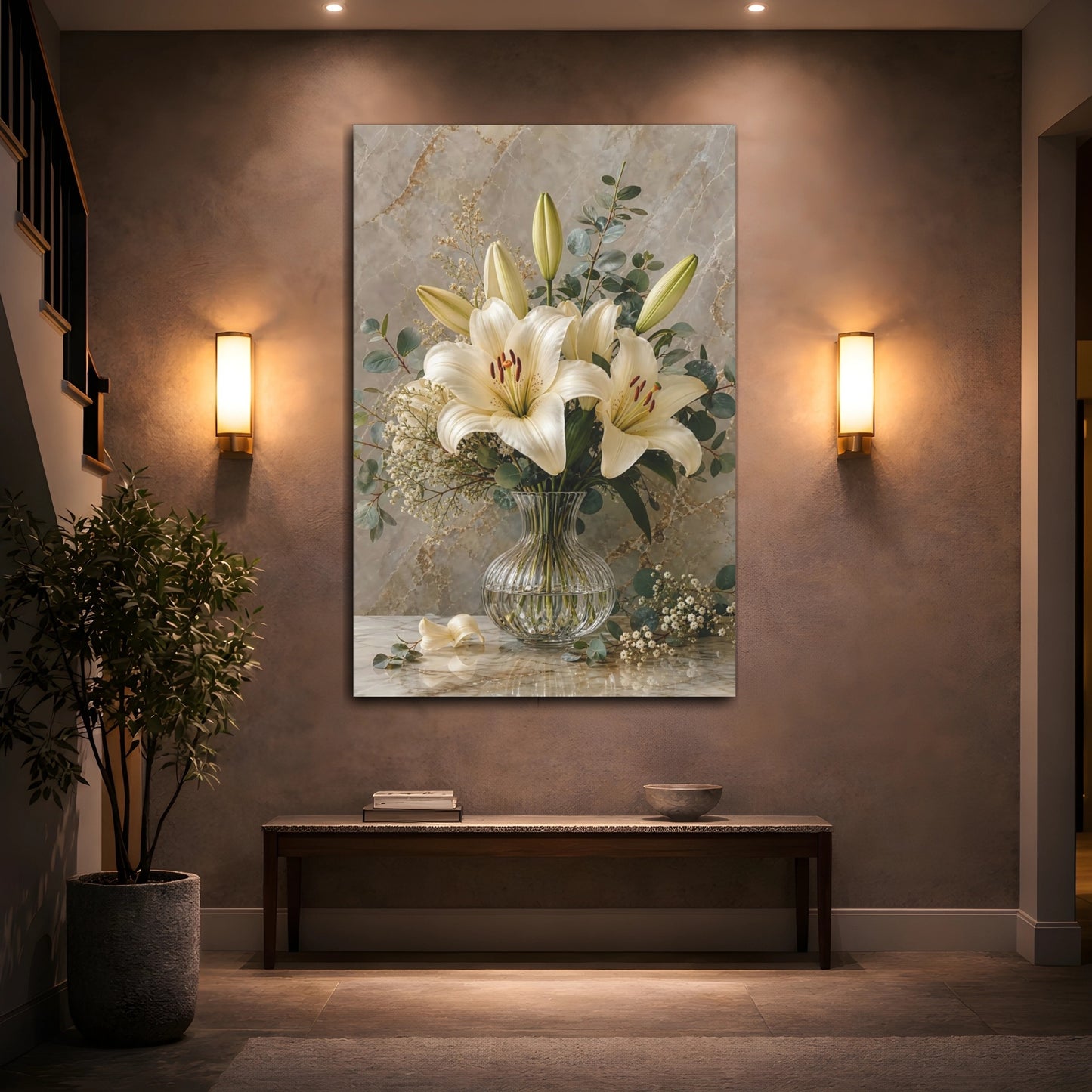 Mockup 2. Floral White Lilies White Lilies Beige shown as stretched canvas wall art