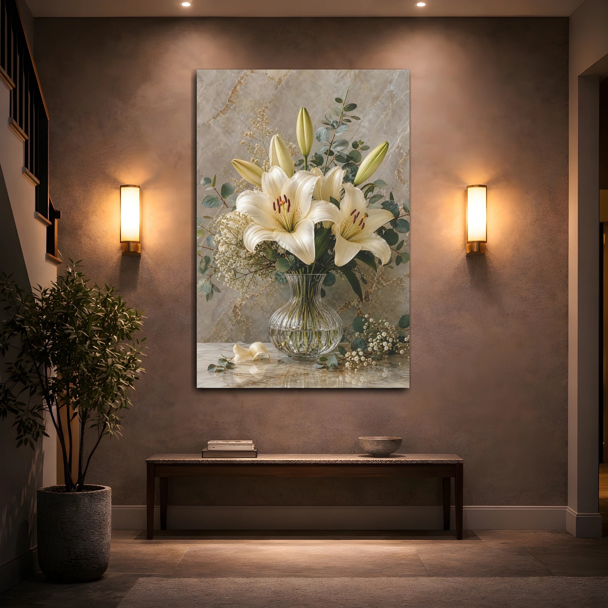 Mockup 2. Floral White Lilies White Lilies Beige shown as stretched canvas wall art