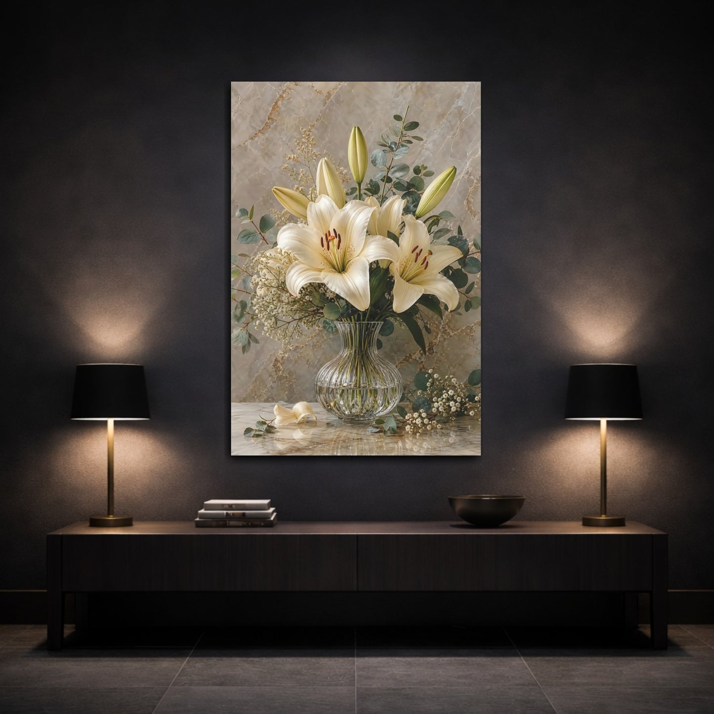 Mockup 3. Floral White Lilies White Lilies Beige shown as stretched canvas wall art