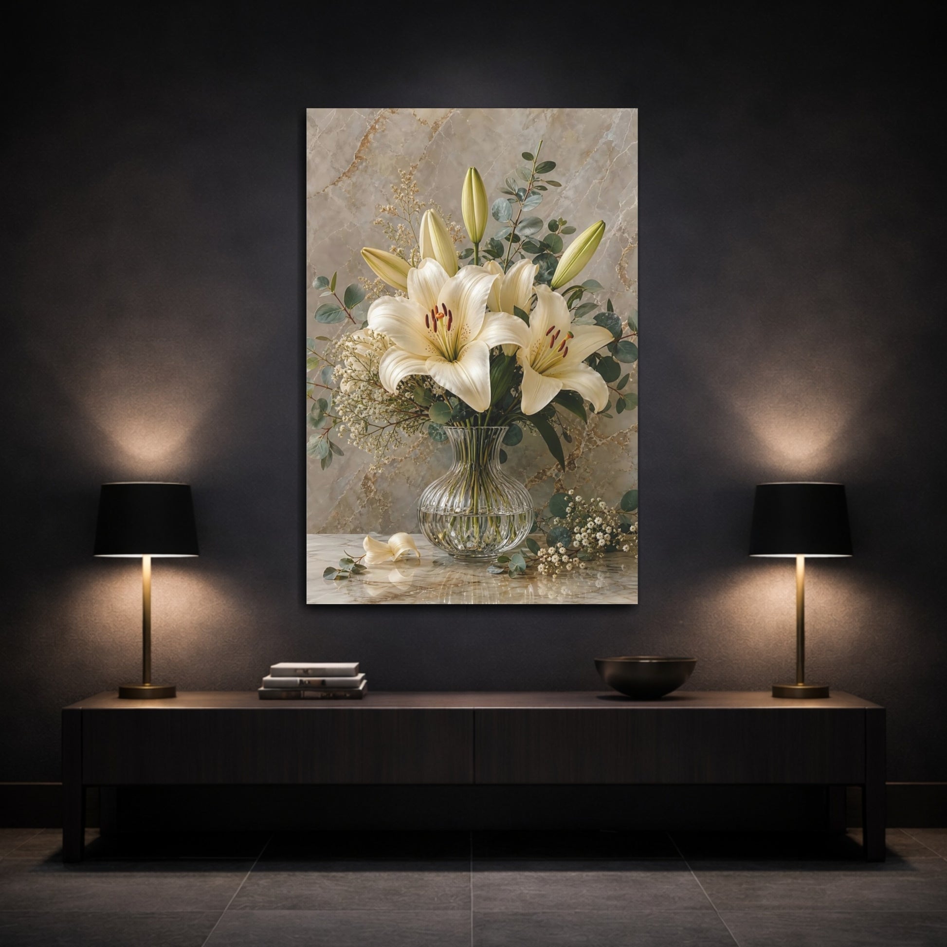 Mockup 3. Floral White Lilies White Lilies Beige shown as stretched canvas wall art