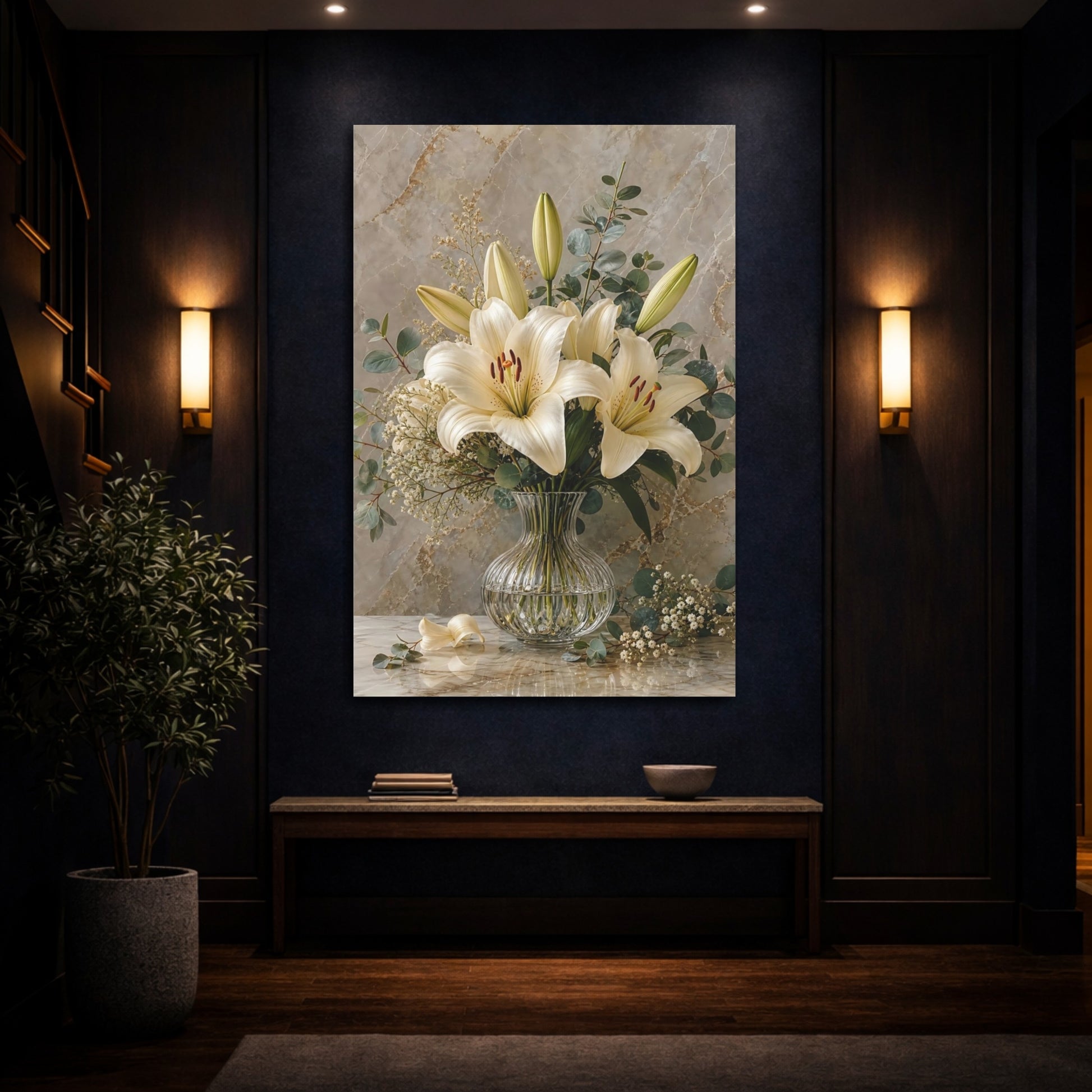 Mockup 4. Floral White Lilies White Lilies Beige shown as stretched canvas wall art