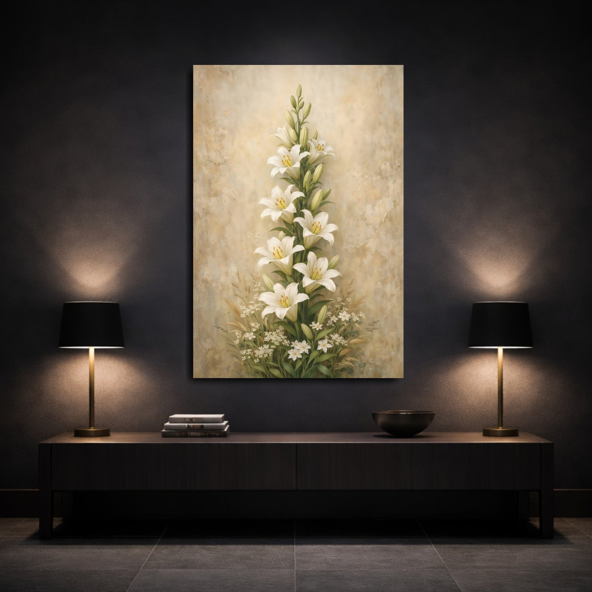 Mockup 2. Floral White Lilies White Lilies shown as stretched canvas wall art
