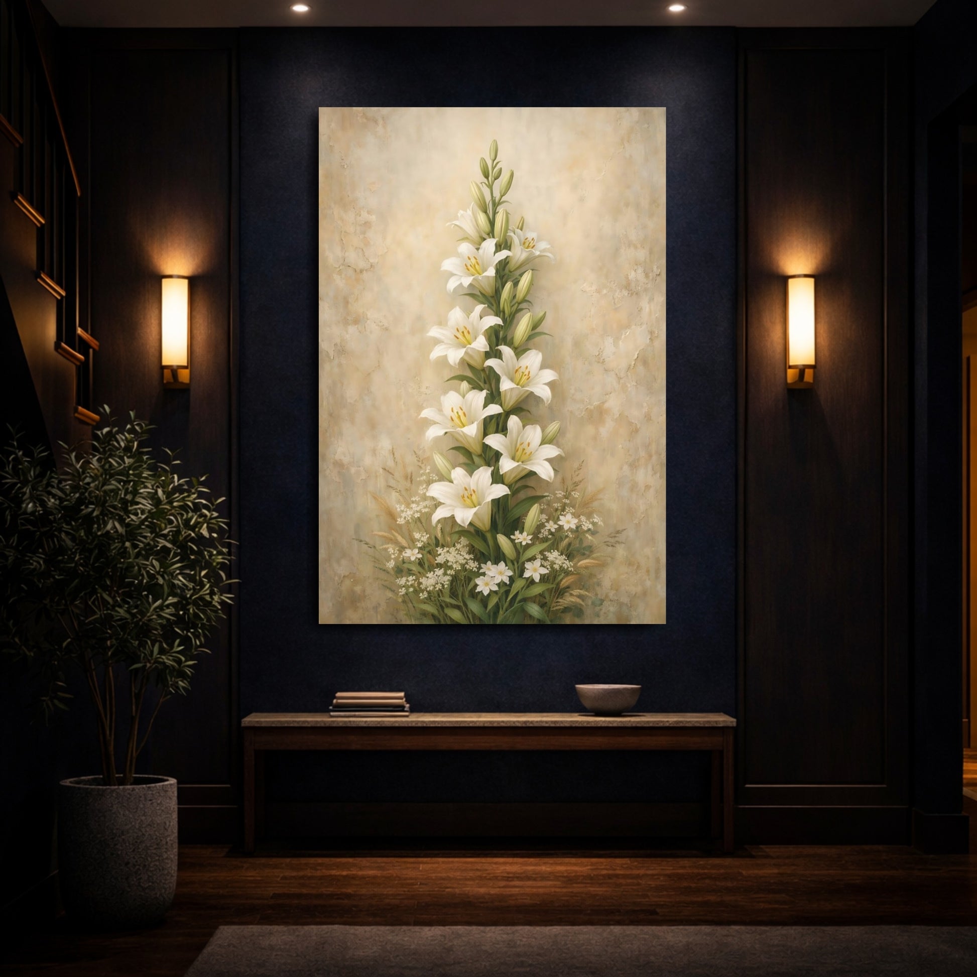 Mockup 3. Floral White Lilies White Lilies shown as stretched canvas wall art