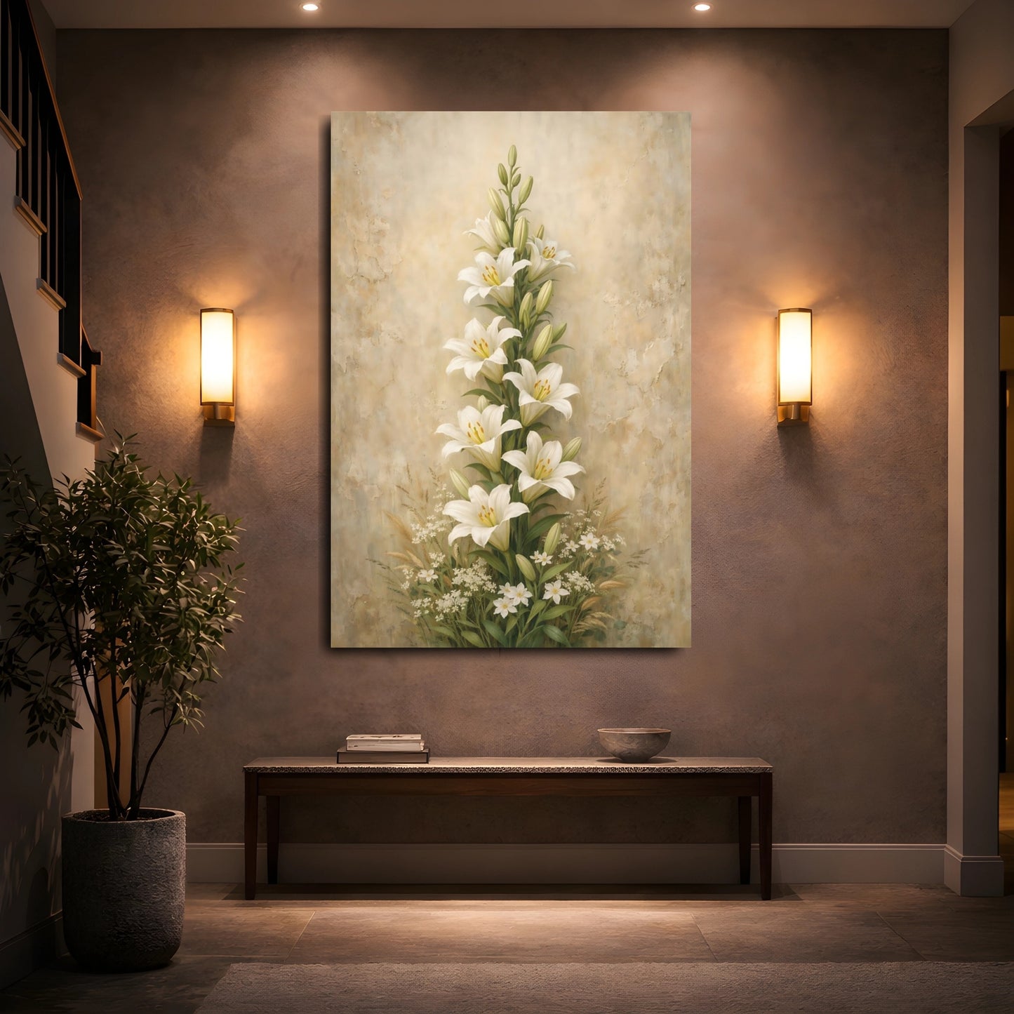 Mockup 4. Floral White Lilies White Lilies shown as stretched canvas wall art