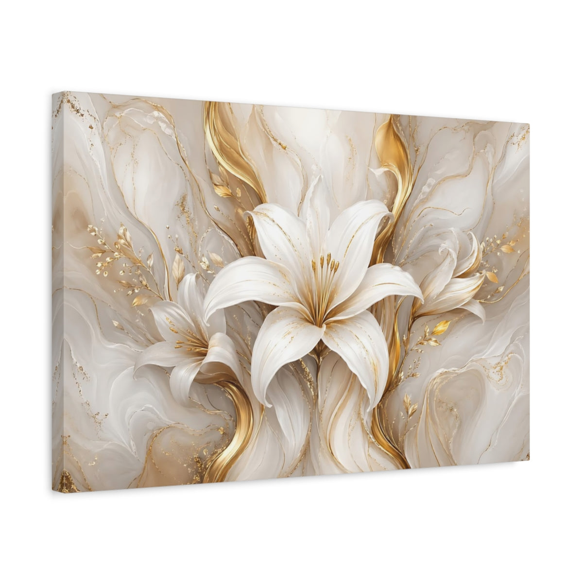 Side Mockup 3. Floral White Lily White And Gold Lilies shown as stretched canvas wall art