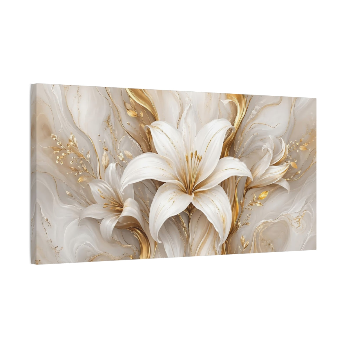 Side Mockup 1. Floral White Lily White And Gold shown as stretched canvas wall art