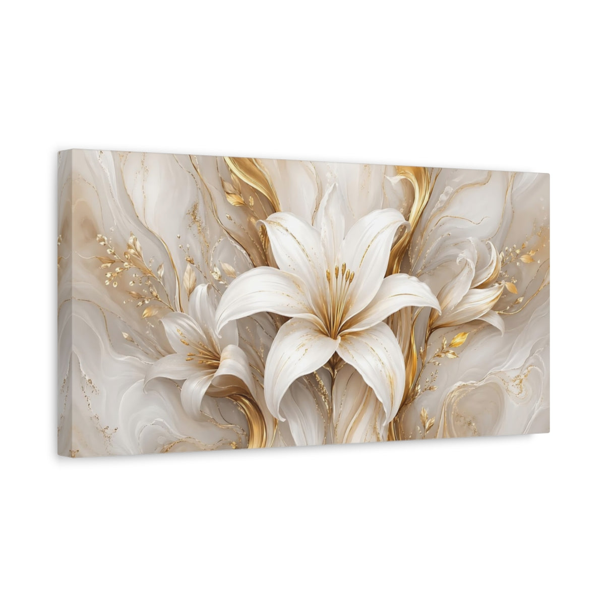 Side Mockup 3. Floral White Lily White And Gold shown as stretched canvas wall art