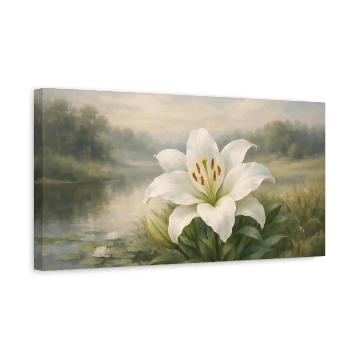 Side Mockup 3. Floral White Lily White Lily shown as stretched canvas wall art