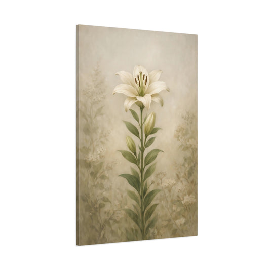 Main Mockup. Floral White Lily Cream Green Floral shown as stretched canvas wall art