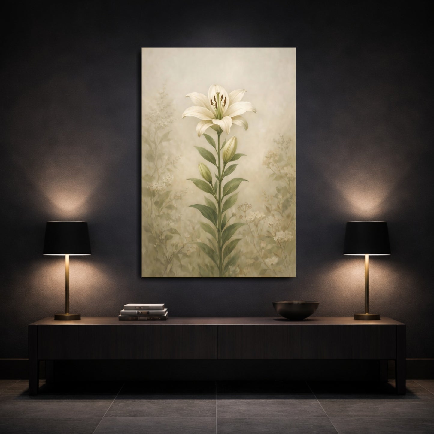 Mockup 2. Floral White Lily Cream Green Floral shown as stretched canvas wall art
