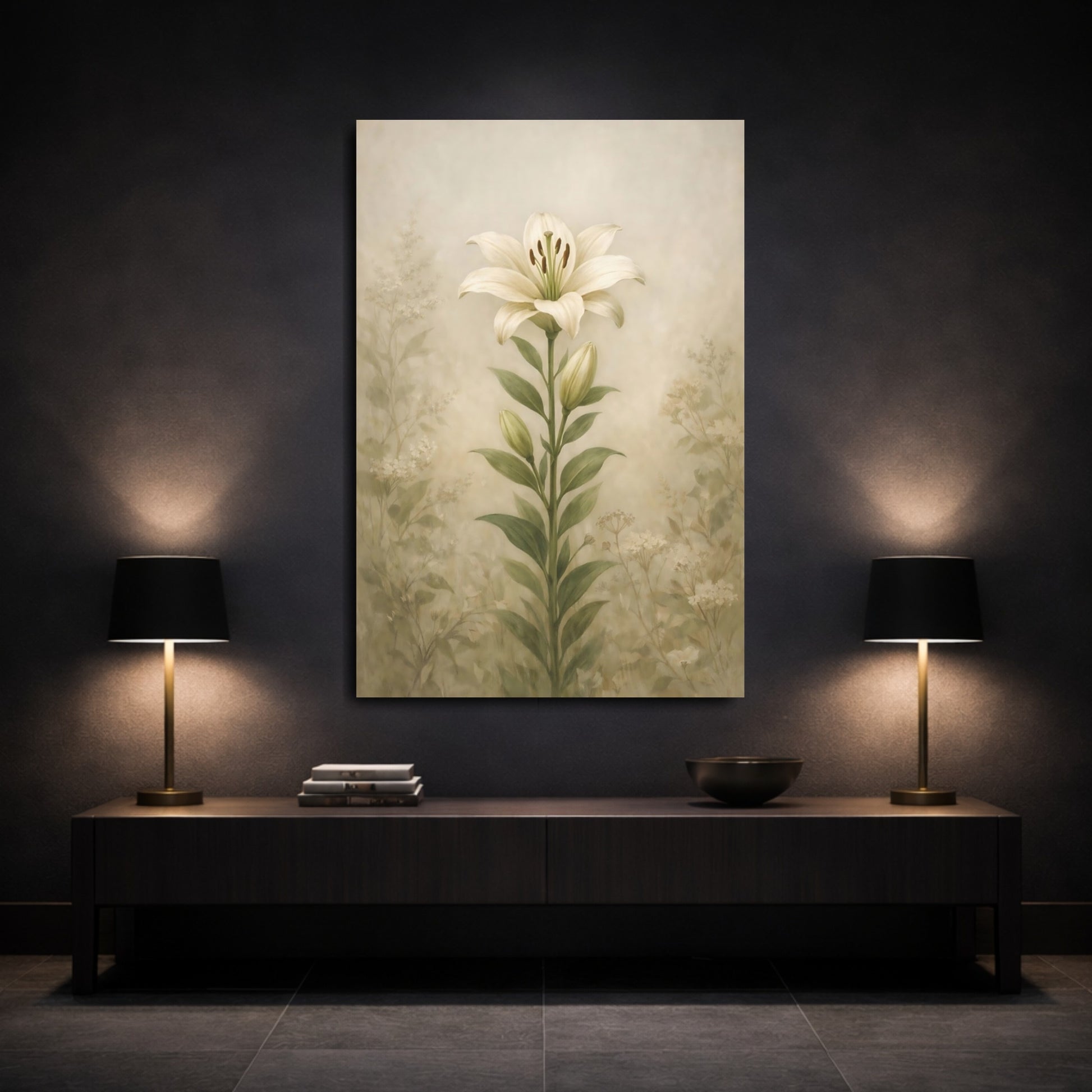 Mockup 2. Floral White Lily Cream Green Floral shown as stretched canvas wall art