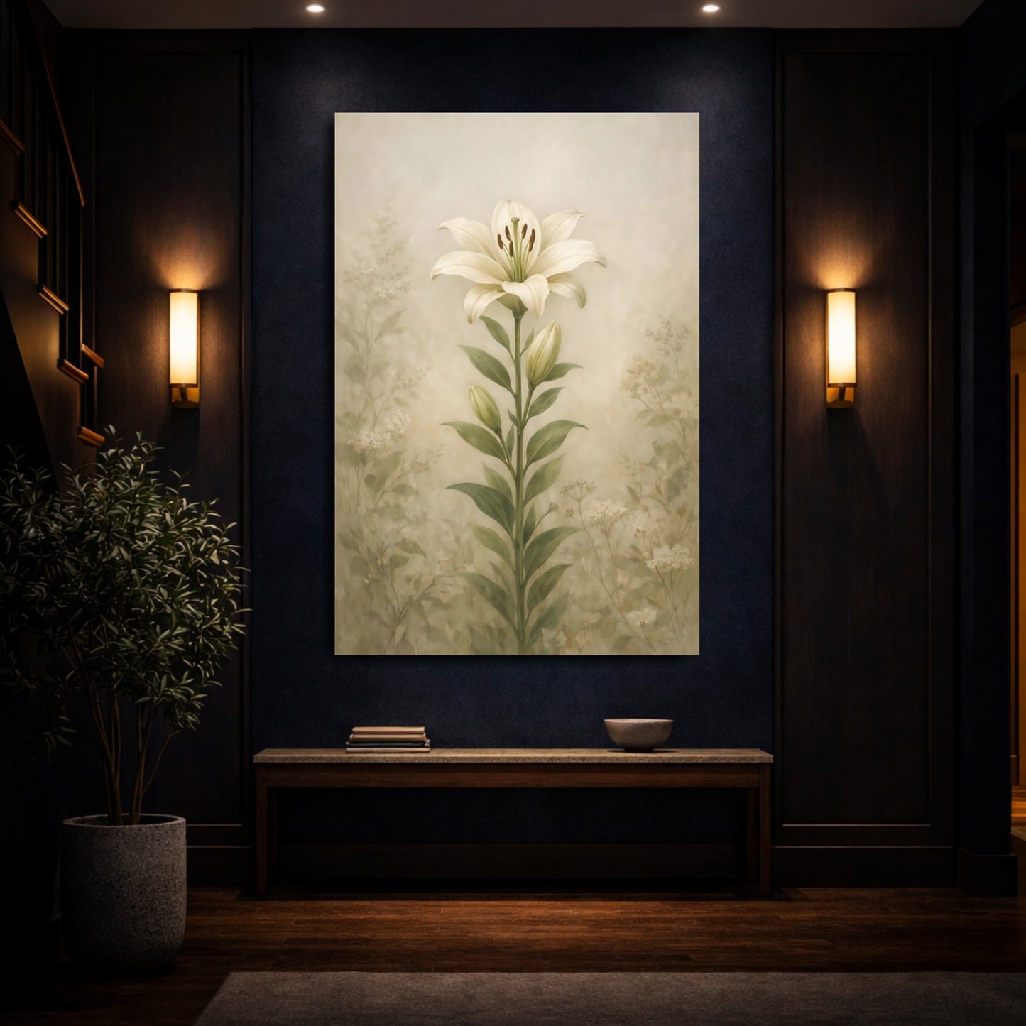 Mockup 3. Floral White Lily Cream Green Floral shown as stretched canvas wall art