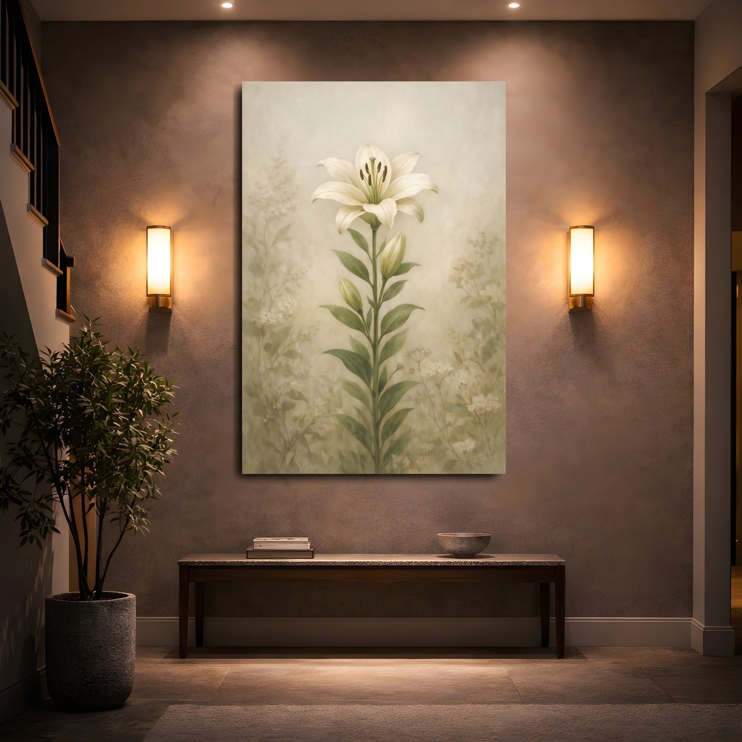 Mockup 4. Floral White Lily Cream Green Floral shown as stretched canvas wall art