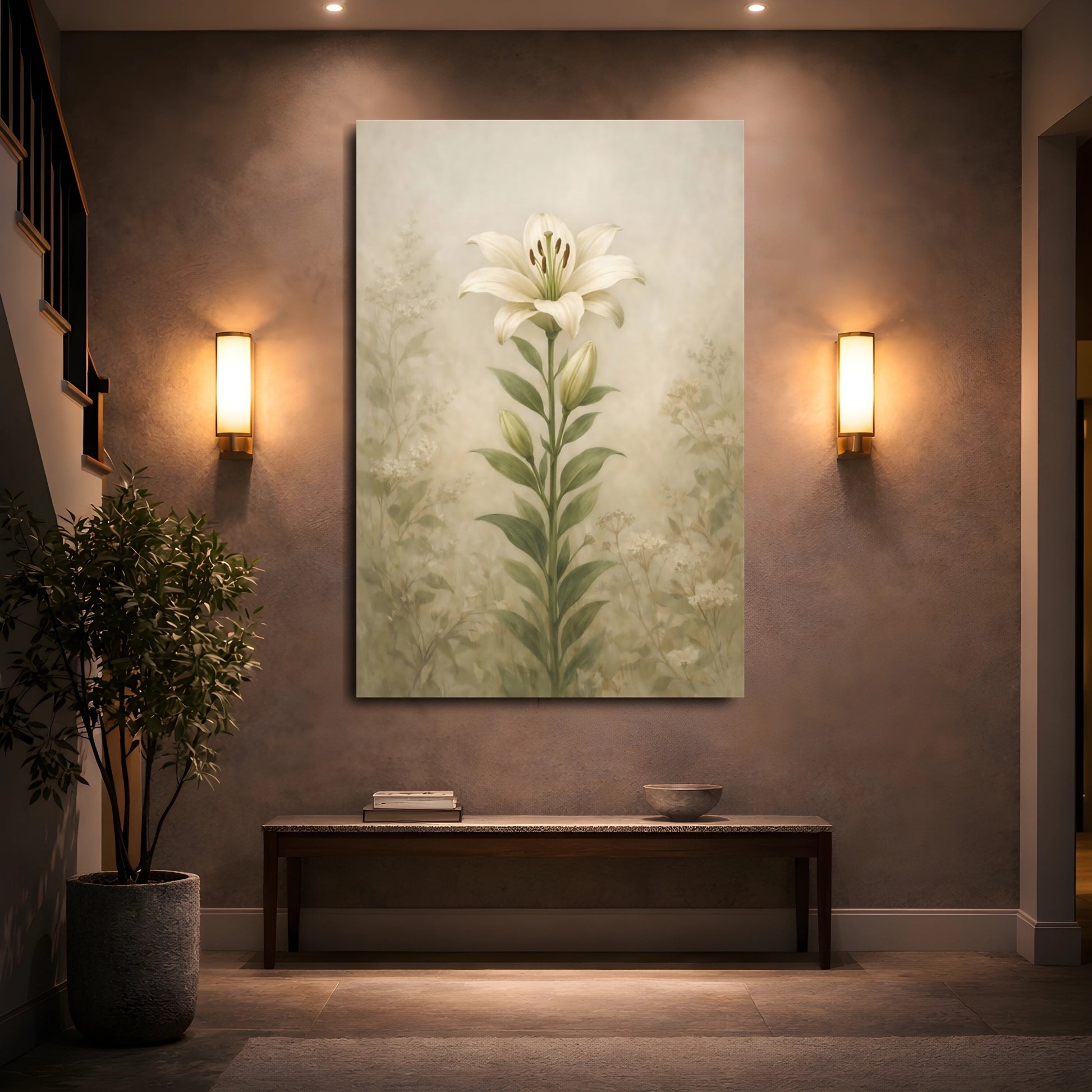 Mockup 4. Floral White Lily Cream Green Floral shown as stretched canvas wall art