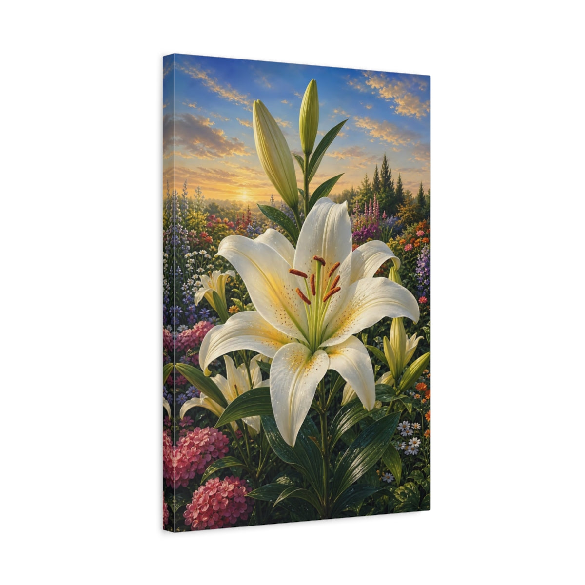 Side Mockup 3. Floral White Lily White Lily Garden shown as stretched canvas wall art
