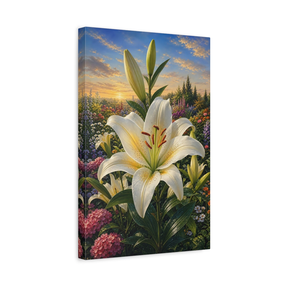 Side Mockup 4. Floral White Lily White Lily Garden shown as stretched canvas wall art