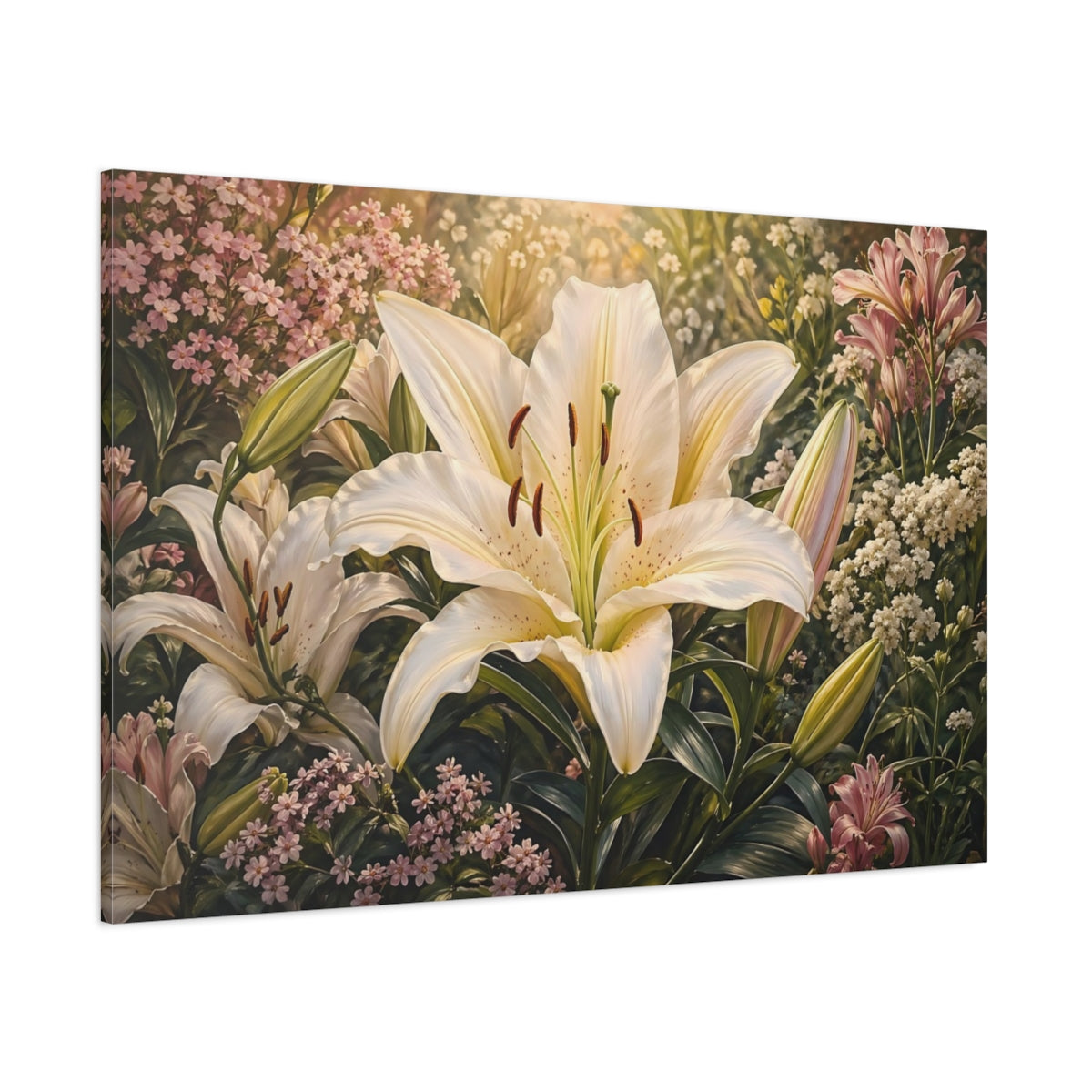Side Mockup 1. Floral White Lily White Lily Garden shown as stretched canvas wall art