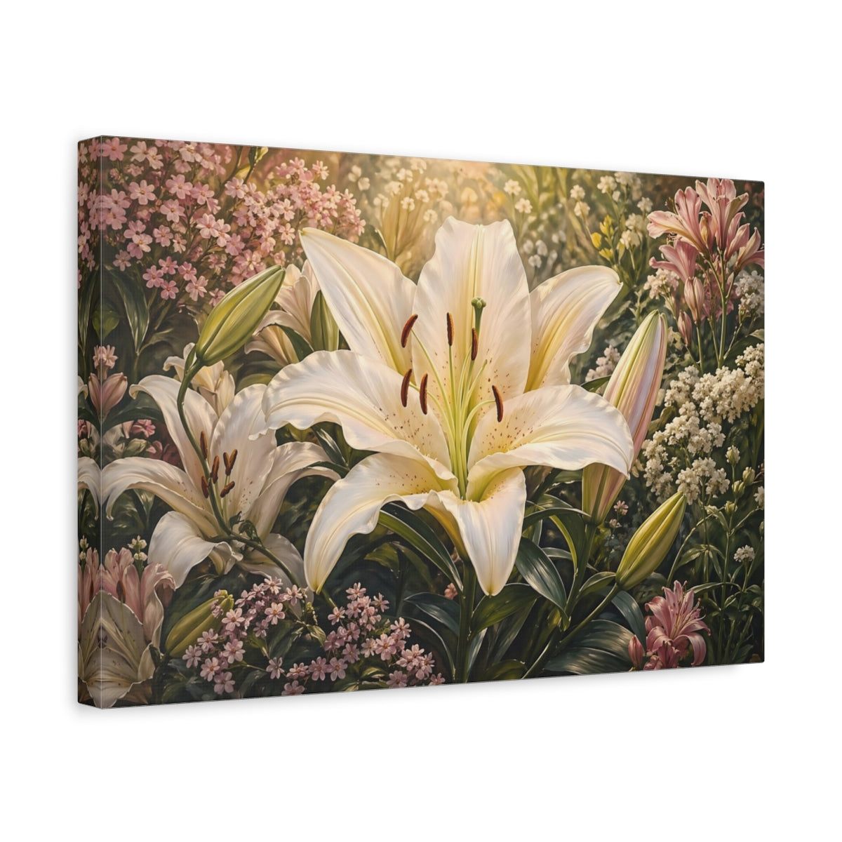 Side Mockup 4. Floral White Lily White Lily Garden shown as stretched canvas wall art