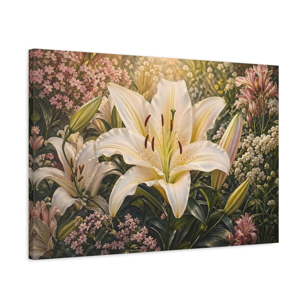 Side Mockup 2. Floral White Lily White Lily Garden shown as stretched canvas wall art