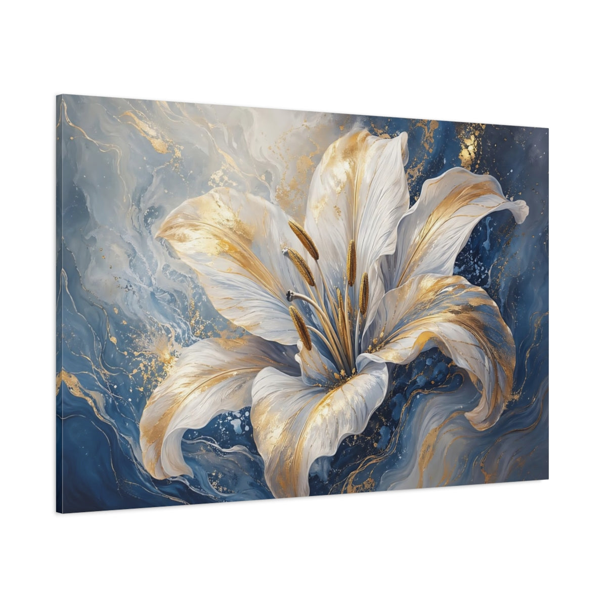 Side Mockup 1. Floral White Lily White Gold Blue shown as stretched canvas wall art
