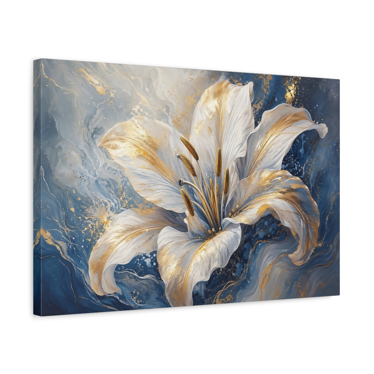 Side Mockup 3. Floral White Lily White Gold Blue shown as stretched canvas wall art