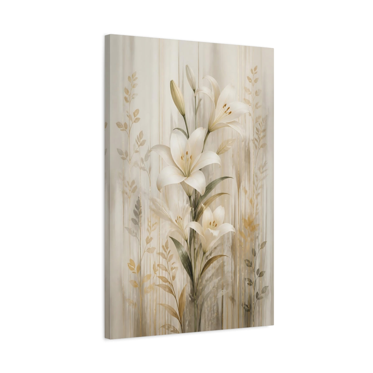 Side Mockup 2. Floral White Lily White Lilies Gold shown as stretched canvas wall art
