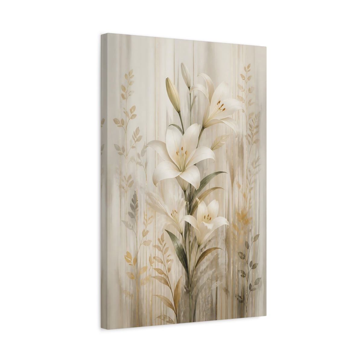 Side Mockup 3. Floral White Lily White Lilies Gold shown as stretched canvas wall art