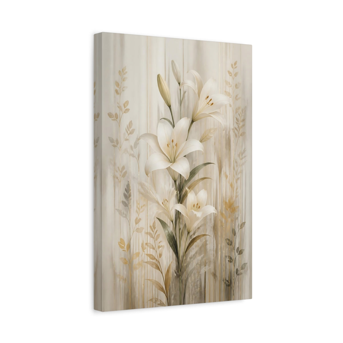 Side Mockup 4. Floral White Lily White Lilies Gold shown as stretched canvas wall art
