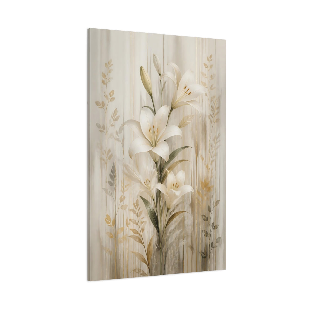 Side Mockup 1. Floral White Lily White Lilies Gold shown as stretched canvas wall art