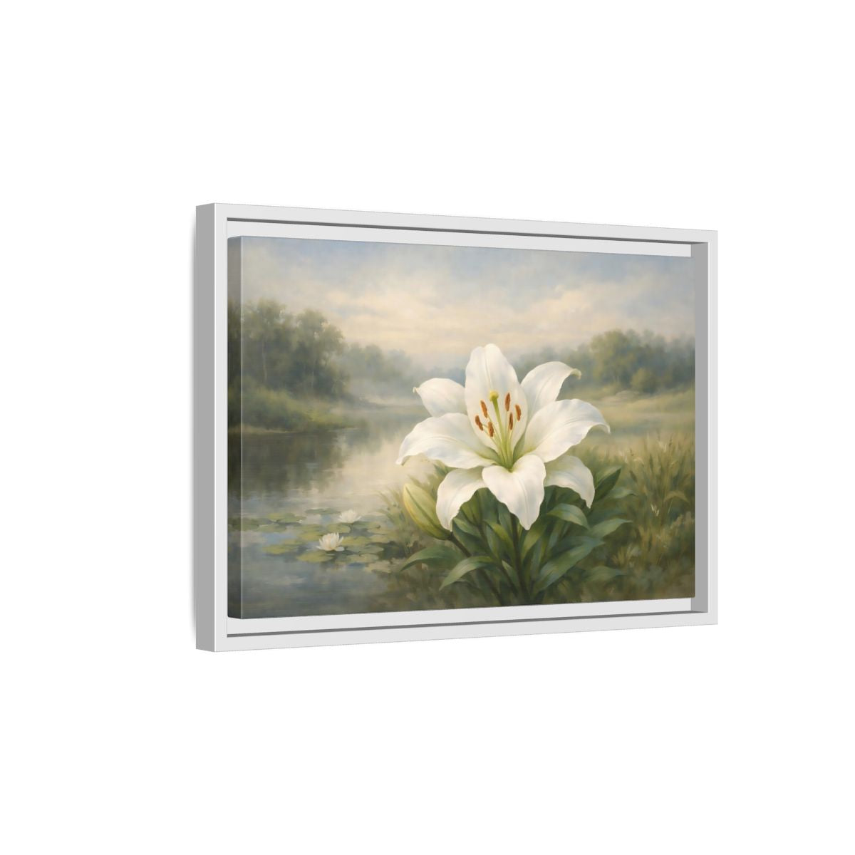 Side Mockup 4. Floral White Lily White Lily Landscape shown as stretched canvas wall art