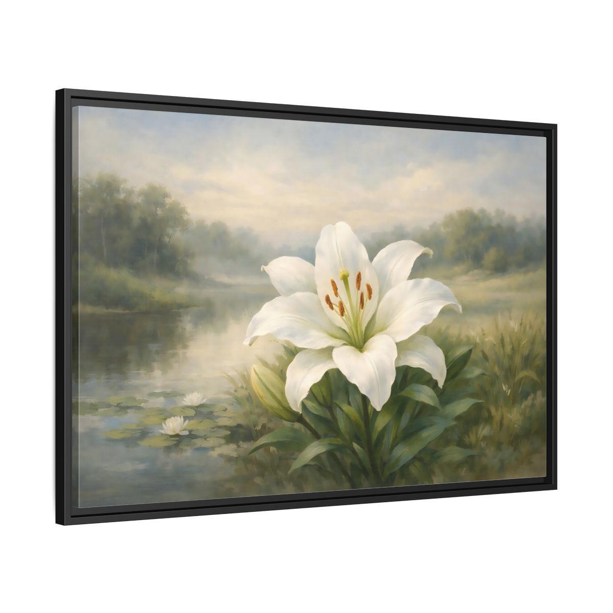 Side Mockup 13. Floral White Lily White Lily Landscape shown as stretched canvas wall art