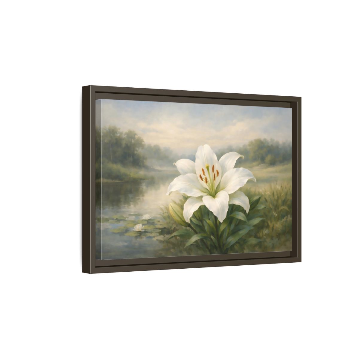 Side Mockup 5. Floral White Lily White Lily Landscape shown as stretched canvas wall art