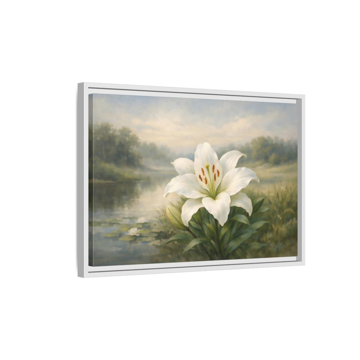 Side Mockup 1. Floral White Lily White Lily Landscape shown as stretched canvas wall art