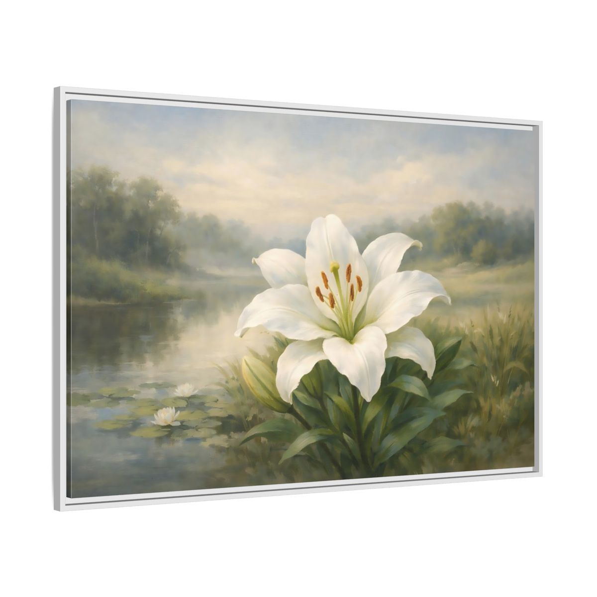 Side Mockup 7. Floral White Lily White Lily Landscape shown as stretched canvas wall art