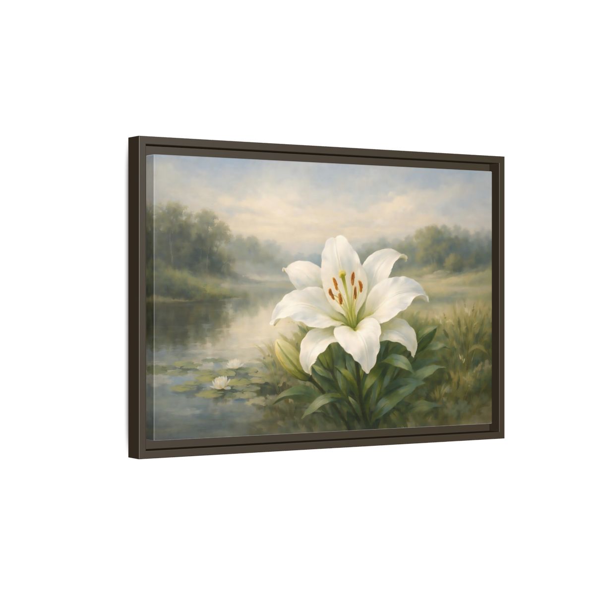 Side Mockup 2. Floral White Lily White Lily Landscape shown as stretched canvas wall art