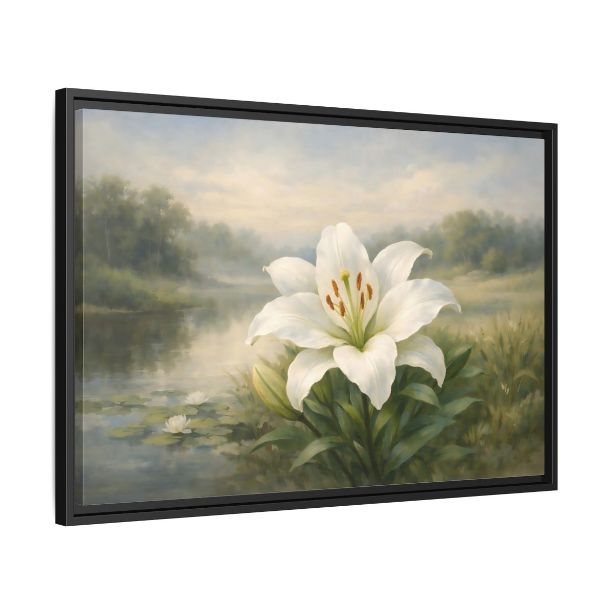 Side Mockup 14. Floral White Lily White Lily Landscape shown as stretched canvas wall art