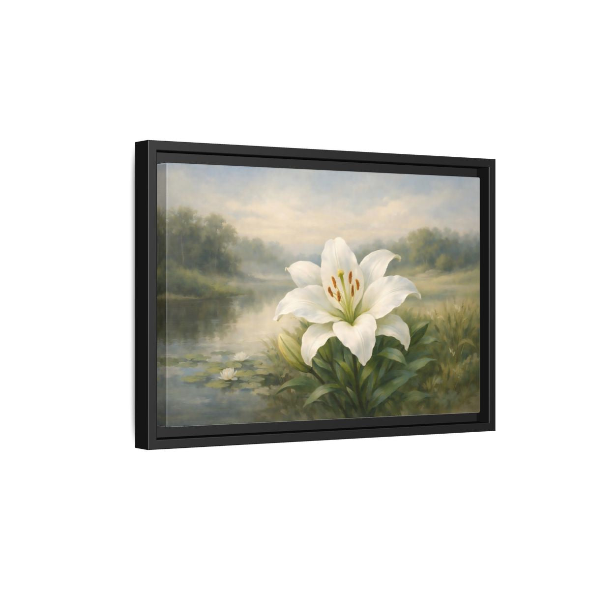Side Mockup 6. Floral White Lily White Lily Landscape shown as stretched canvas wall art