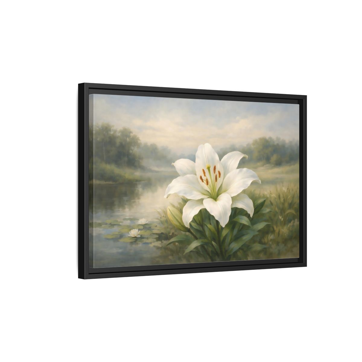 Side Mockup 3. Floral White Lily White Lily Landscape shown as stretched canvas wall art