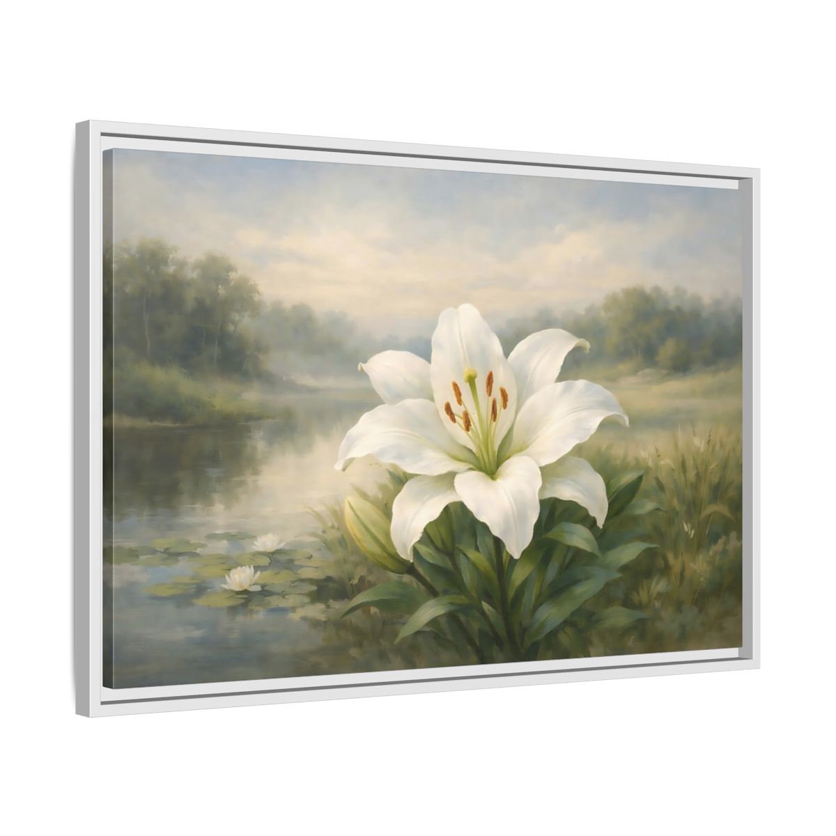 Side Mockup 10. Floral White Lily White Lily Landscape shown as stretched canvas wall art