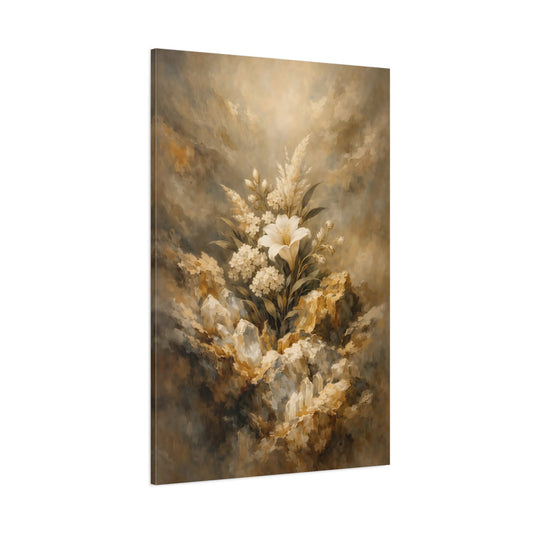 Main Mockup. Floral White Lily White And Gold shown as stretched canvas wall art